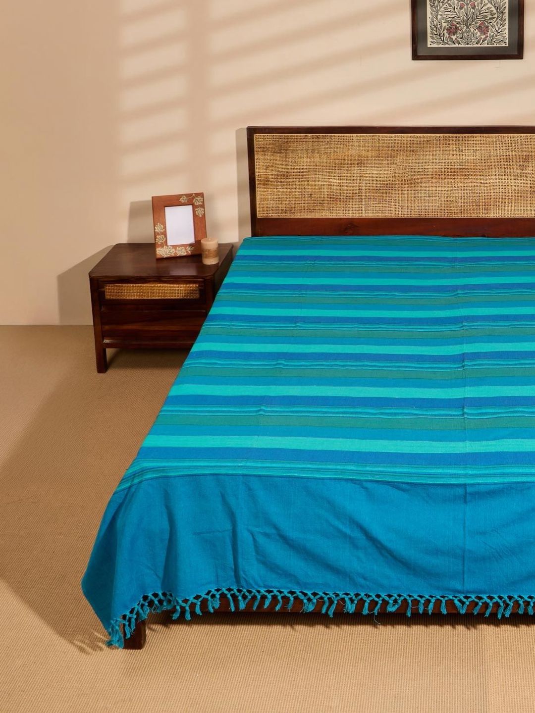 Fabindia Turquoise Blue Woven Cotton Double King Bed Cover-picture-26