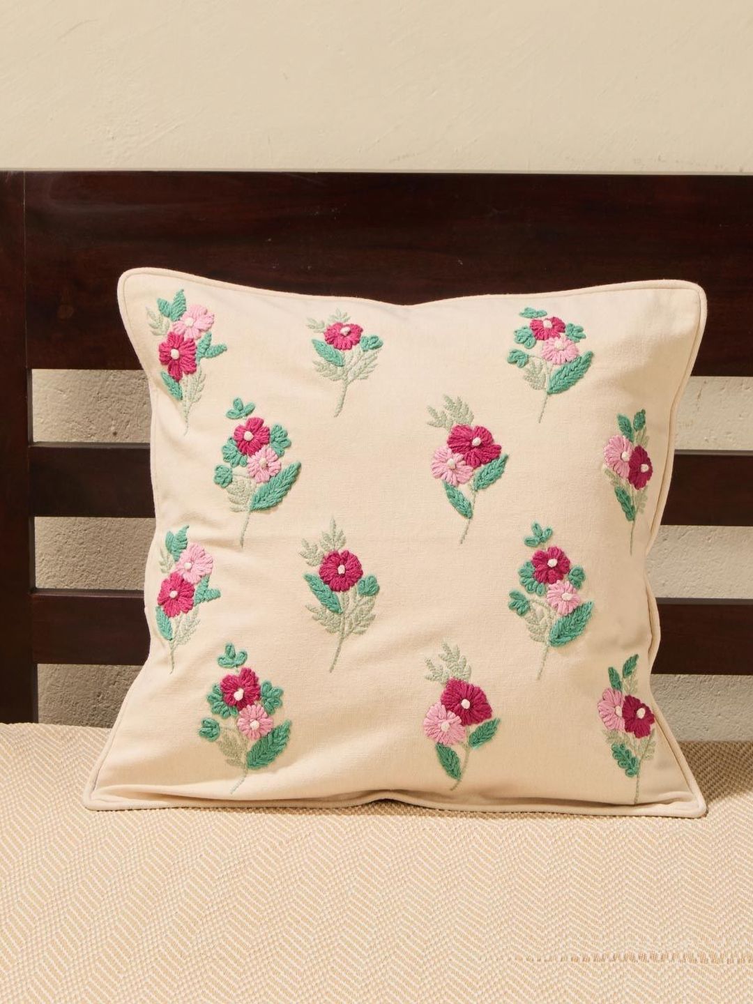 Fabindia Cream-Coloured & Magenta Embroidered Square Cushion Covers-picture-12