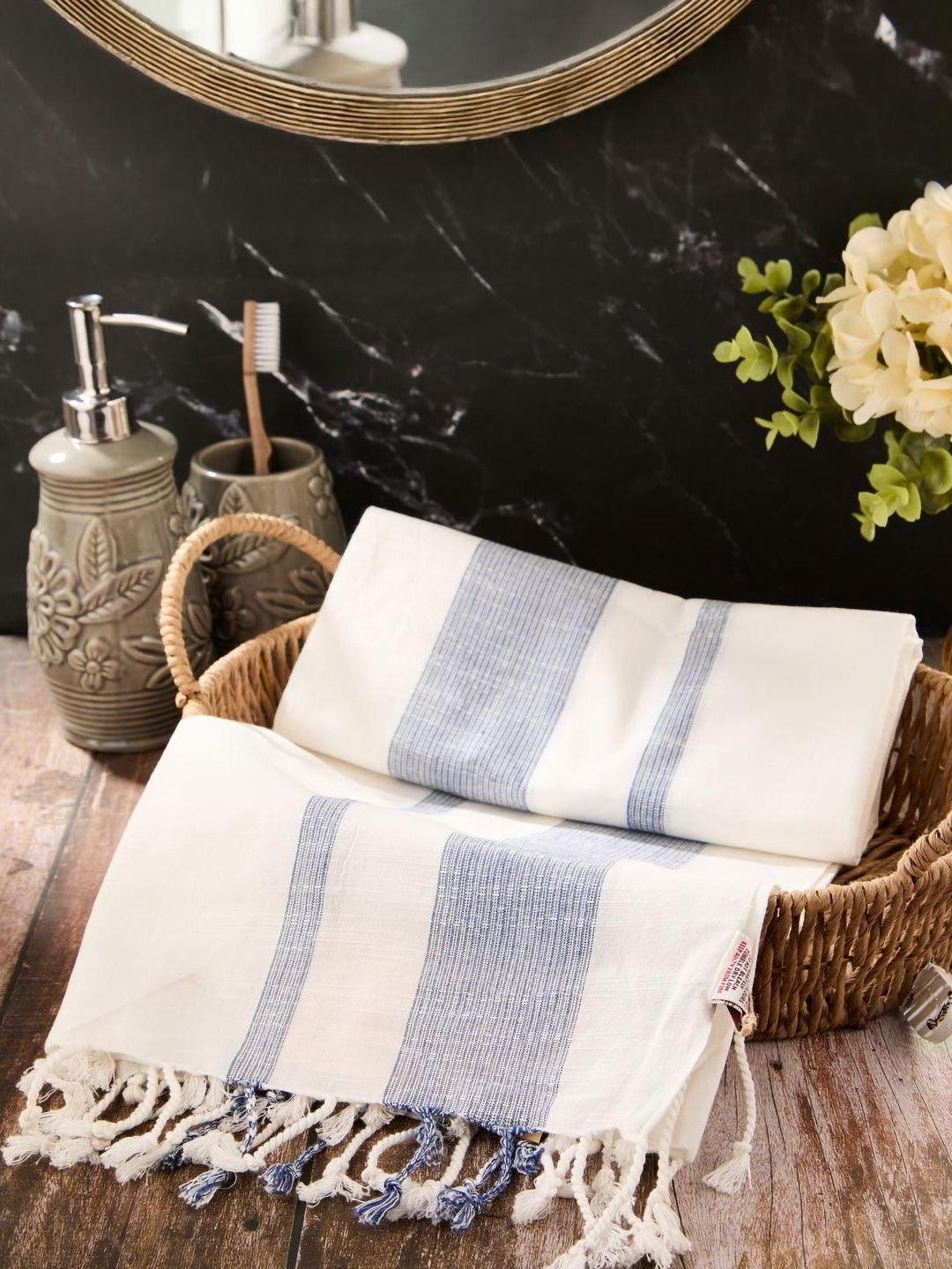 Fabindia White & Blue 1 Striped Cotton 125 GSM Bath Towel-picture-10