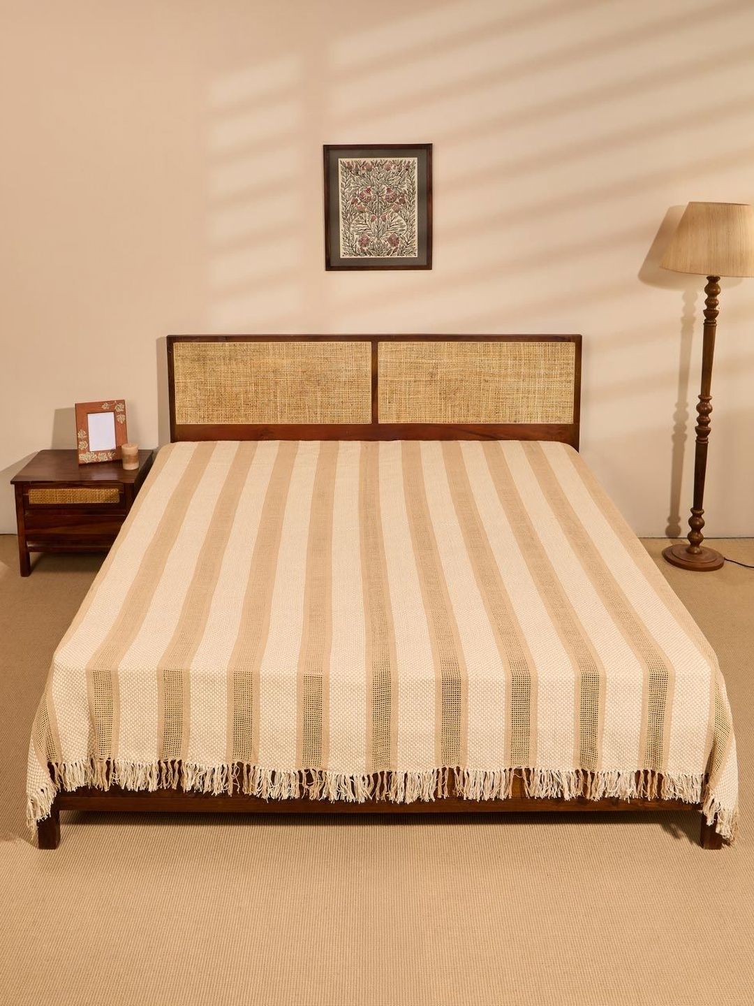 Fabindia Beige Woven Cotton Double King Bed Cover-image-4
