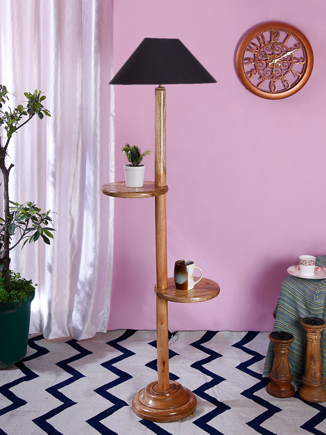 Devansh Black Conical Cotton Wooden Floor Lamp-picture-41