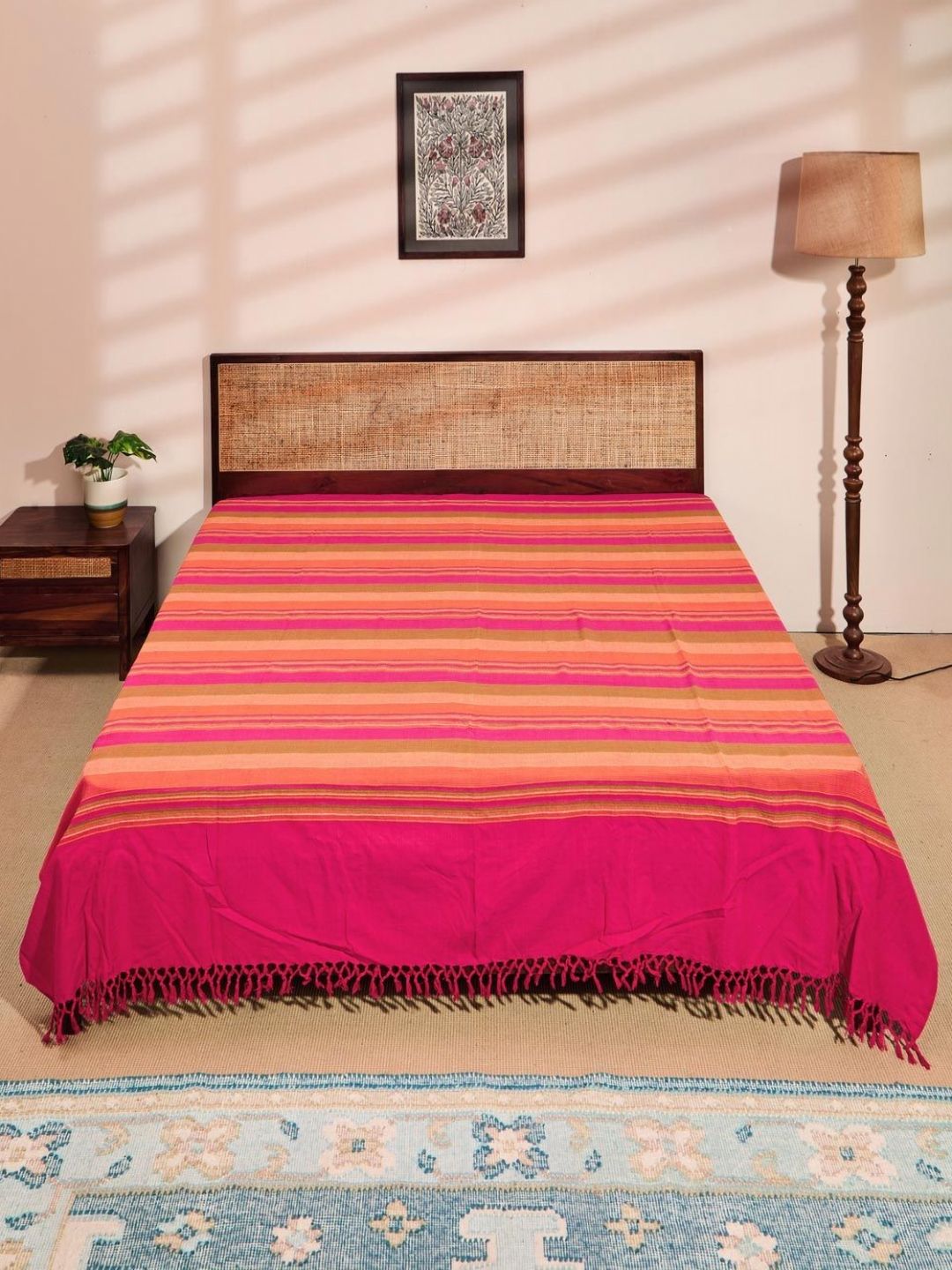 Fabindia Pink & Red Woven Cotton Double King Bed Cover-picture-10