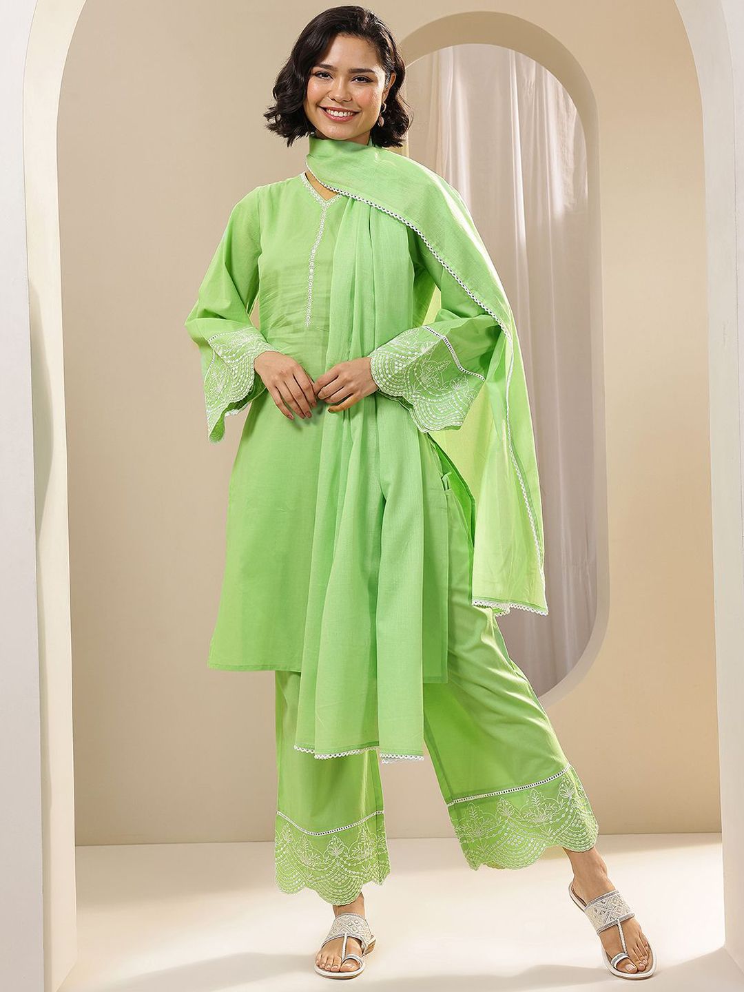 Libas Women Floral Yoke Design Regular Thread Work Kurta with Palazzos & With Dupatta