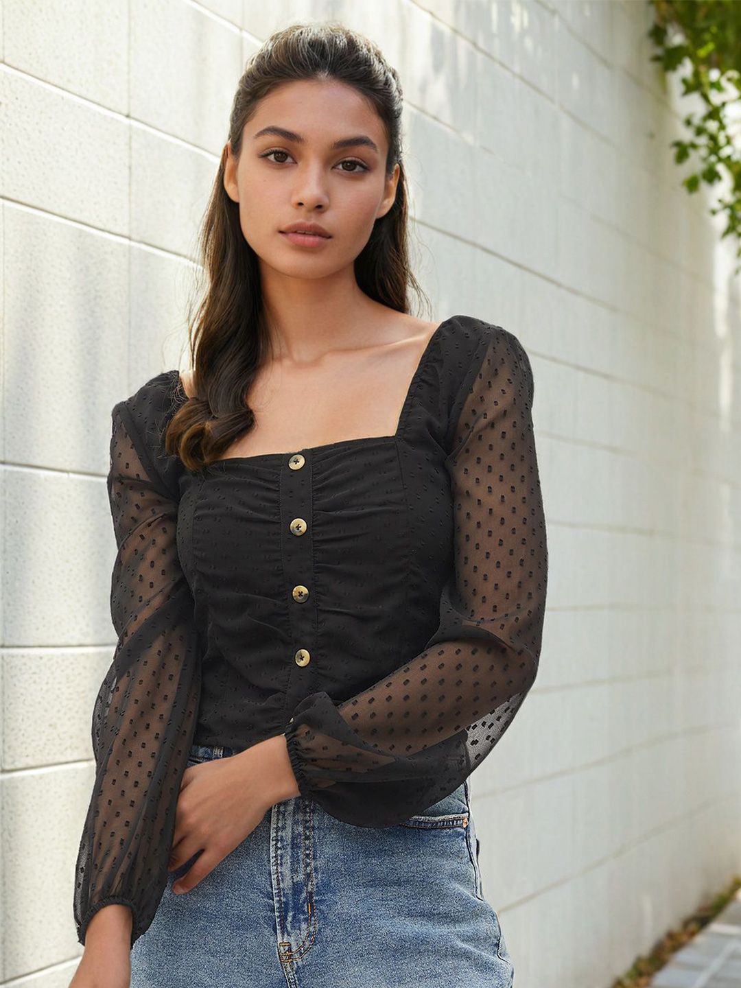 Stylecast X Slyck Black Square Neck Long Sleeves Crop Top-picture-25