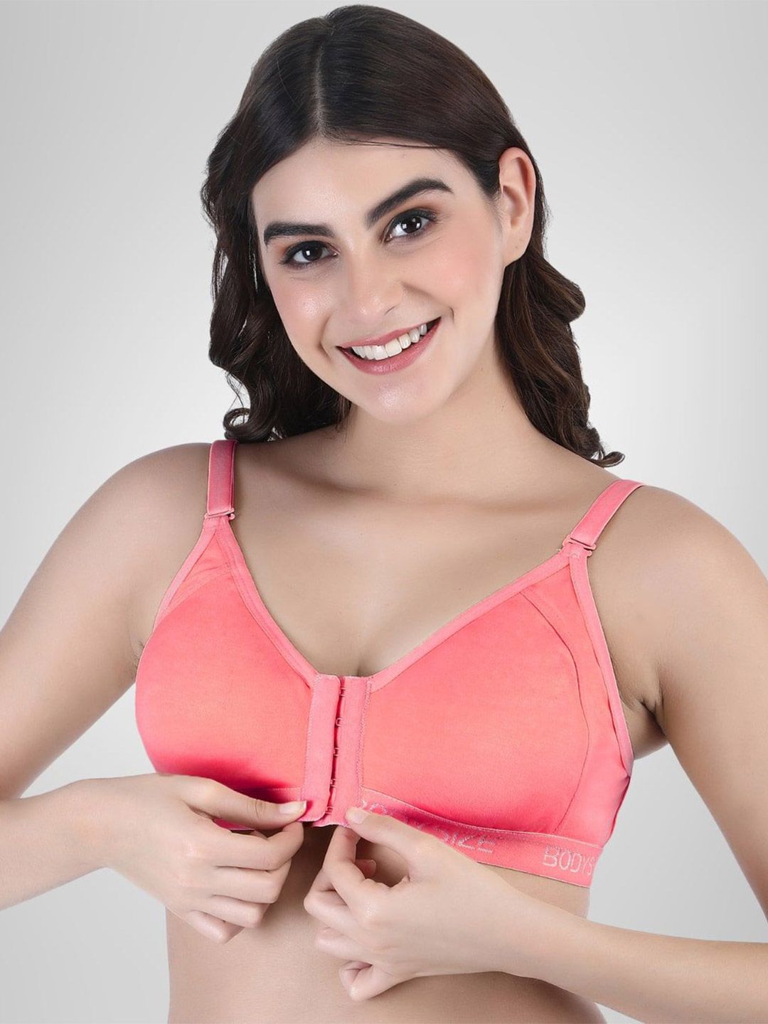 BODYSIZE Women Front Open Non Padded Full Coverage Seamless Twin Hook Cotton Bra