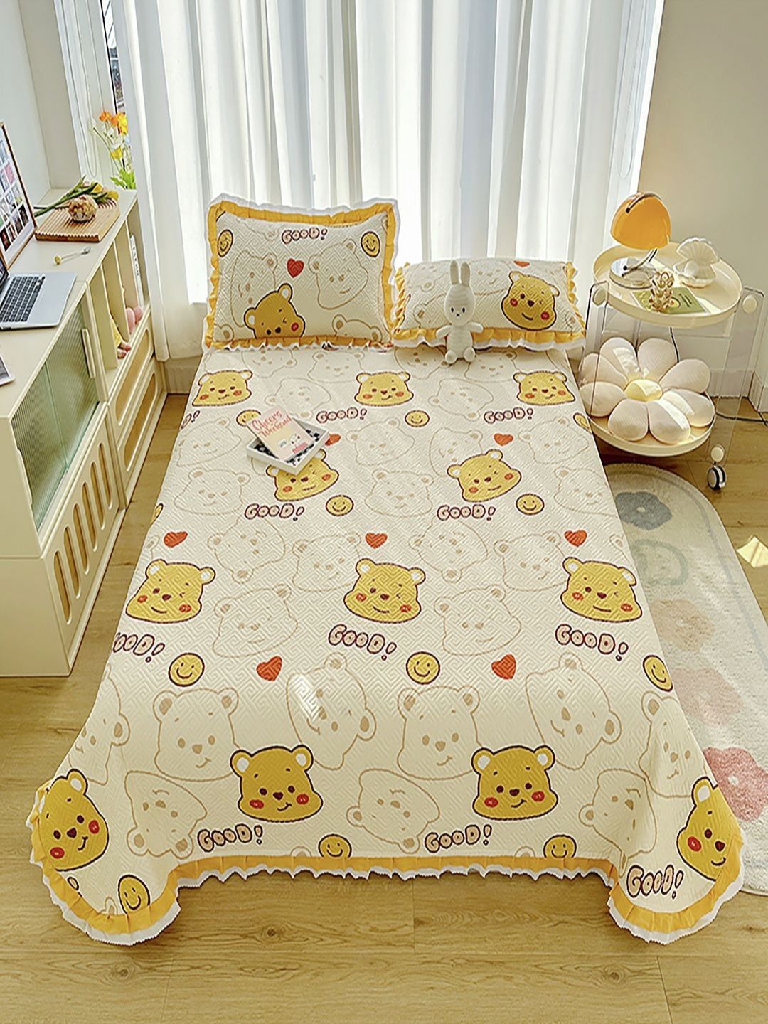 JC HOME Beige & Yellow 240 TC Cotton Cartoon Printed King Size Bed Covers-image-38