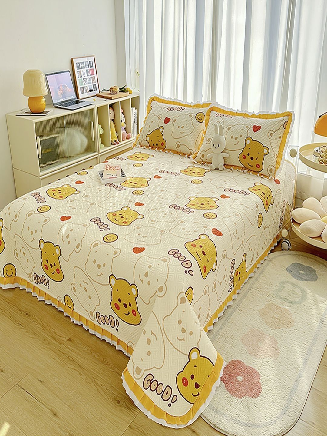 JC HOME Yellow & White Printed Cotton Double Queen Bed & Pillow Cover-image-37