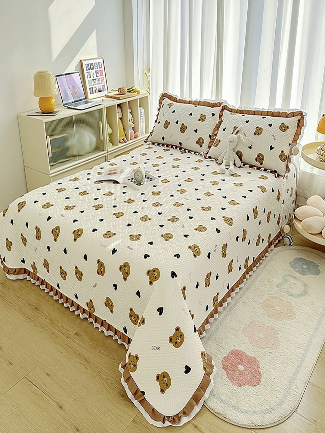 JC HOME Beige & Brown Printed Cotton Double King Bed & Pillow Cover-picture-37
