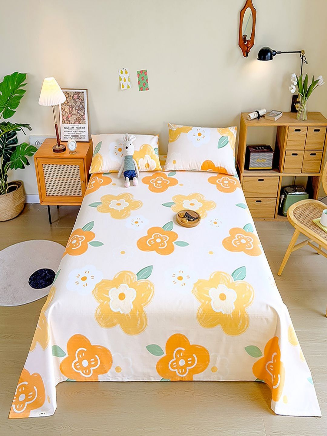 JC HOME White & Yellow Floral 140 TC King Bedsheet with 2 Pillow Covers-picture-35