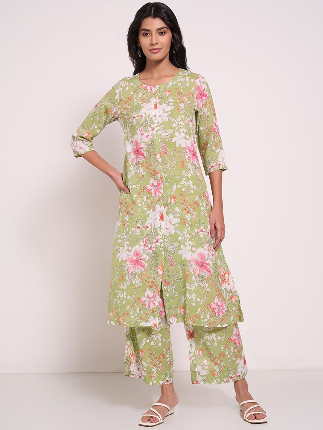 RANGMANCH BY PANTALOONS Women Floral Printed Regular Pure Cotton Kurta with Trousers-picture-34