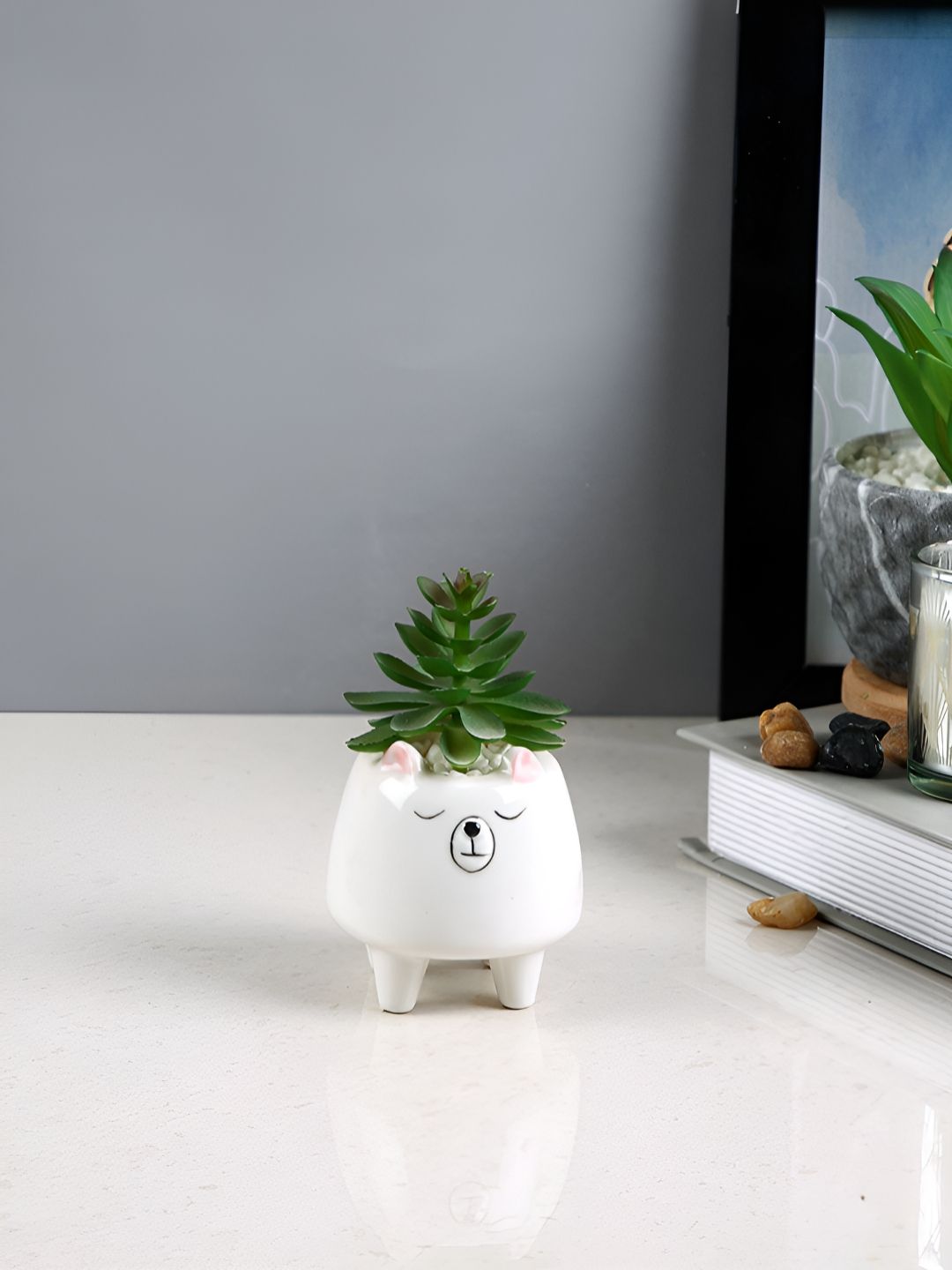 Myntra Elegant Homes White & Green Artificial Plant With Bear Design Pot-picture-24