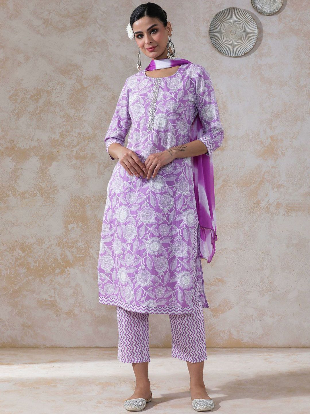Moara Women Floral Printed Regular Mirror Work Pure Cotton Kurta with Trousers & With Dupatta-picture-22