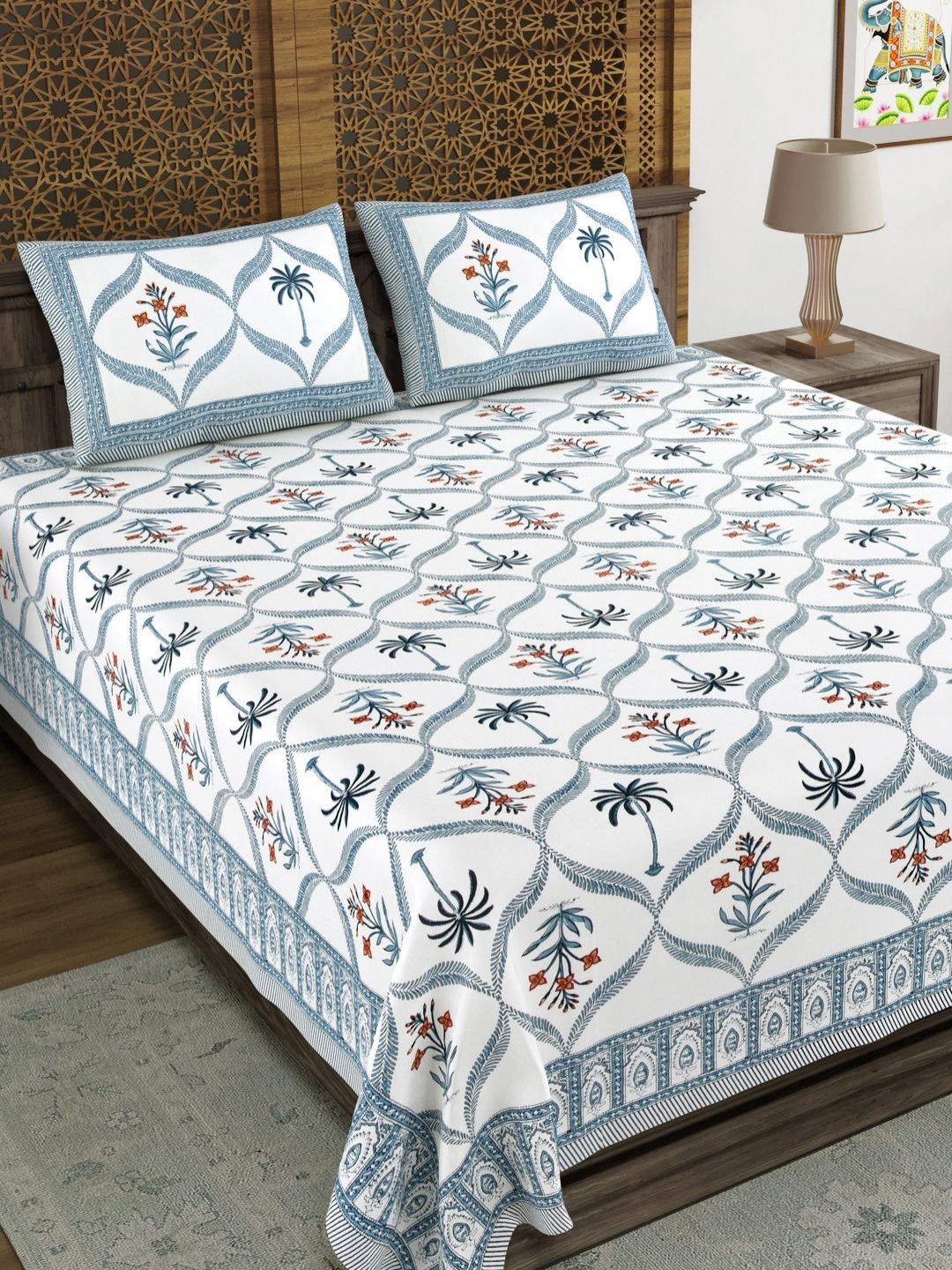 BLOCKS OF INDIA Blue & White Ethnic Motifs 210 TC King Bedsheet with 2 Pillow Covers-picture-23
