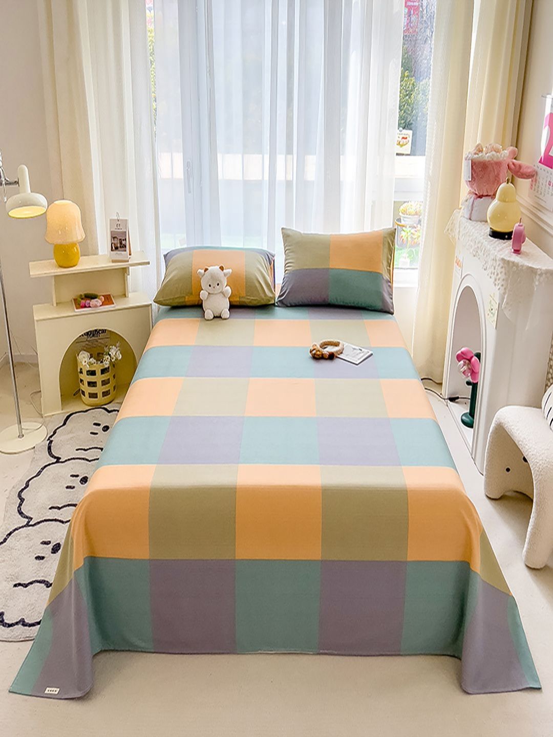 JC HOME Blue & Peach-Coloured Geometric 140 TC King Bedsheet with 2 Pillow Covers-picture-33