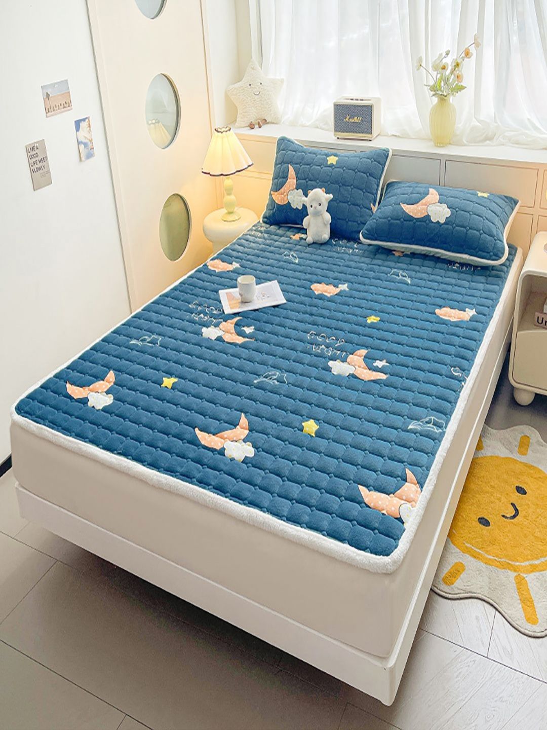 JC HOME Blue & Peach-Coloured Geometric 150 TC King Bedsheet with 2 Pillow Covers-picture-20