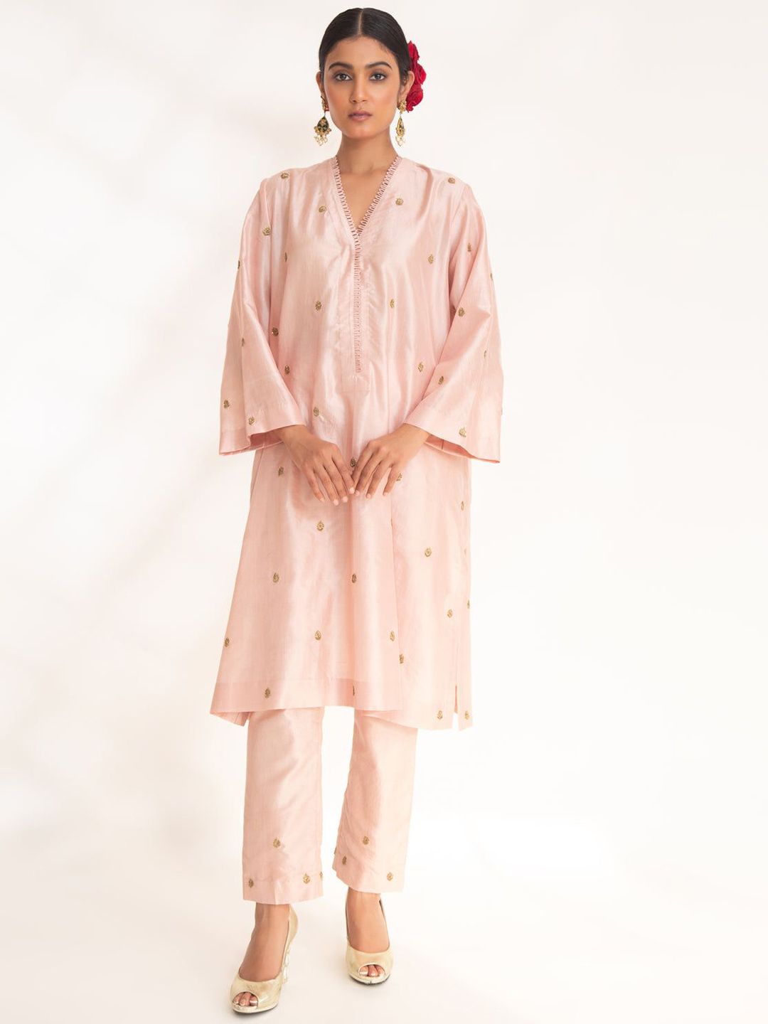 Chhaya Mehrotra Women Ethnic Motifs Embroidered Pleated Zardozi Pure Silk Kurti with Trousers-image-29