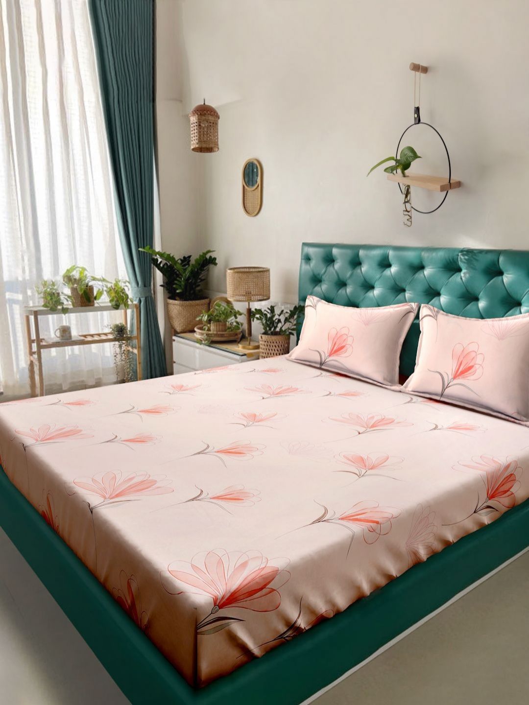 Arrabi Peach-Coloured Floral 300 TC King Bedsheet with 2 Pillow Covers-image-16
