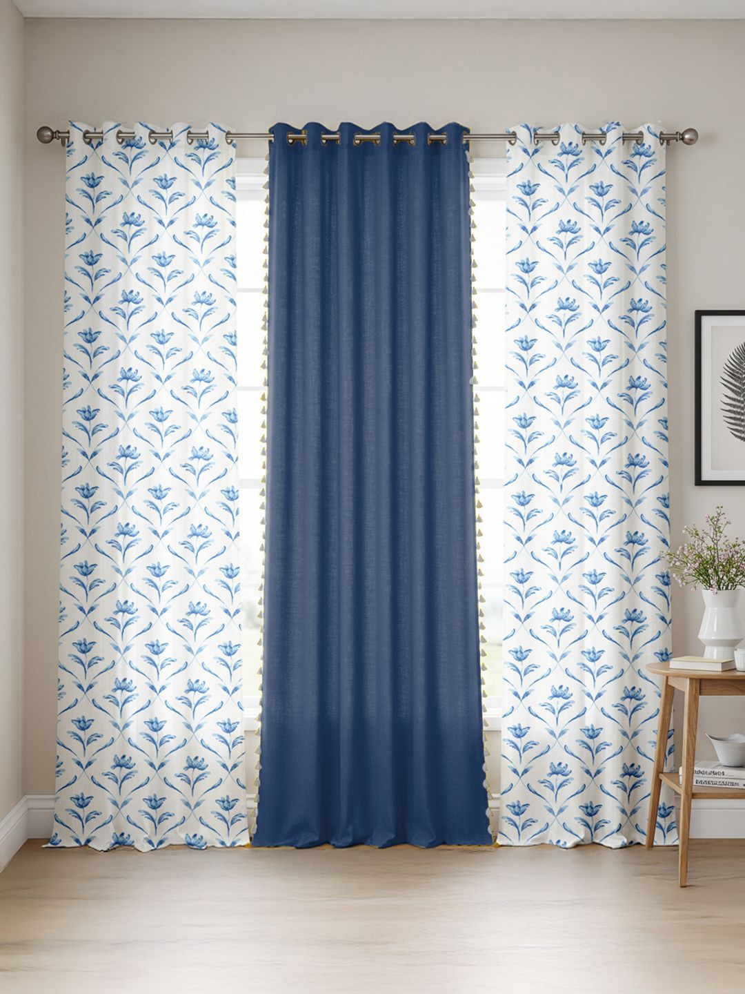 URBAN SPACE Blue & White Set of 3 Floral Door Curtain-picture-46