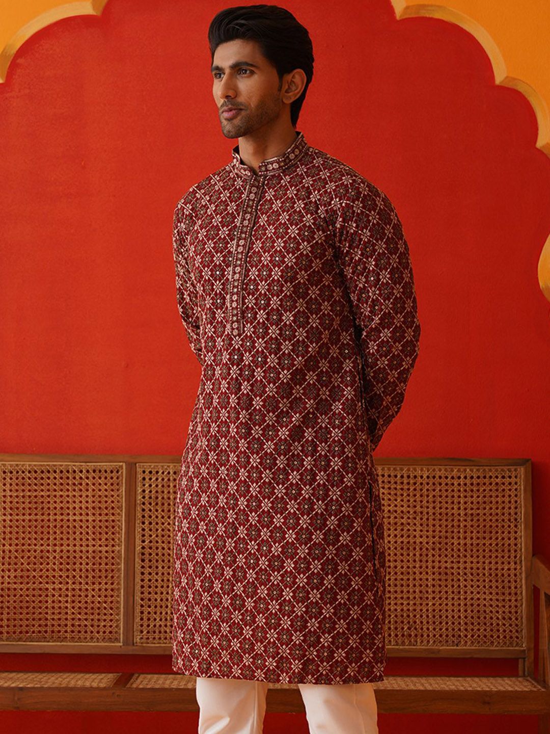 Jompers Men Geometric Embroidered Sequinned Kurta-picture-16