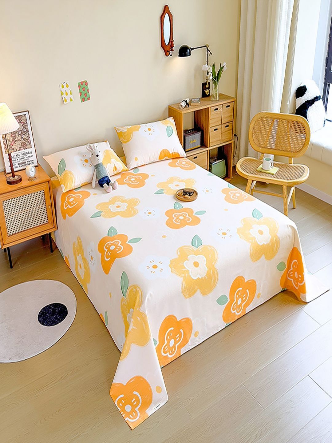 JC HOME White & Yellow Floral 140 TC Queen Bedsheet with 2 Pillow Covers-picture-34