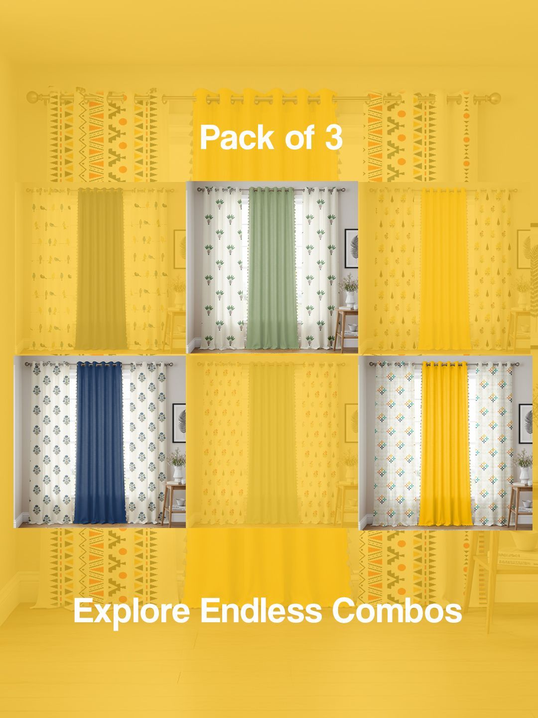 URBAN SPACE Yellow & White Set of 3 Ethnic Motifs Door Curtain-image-42