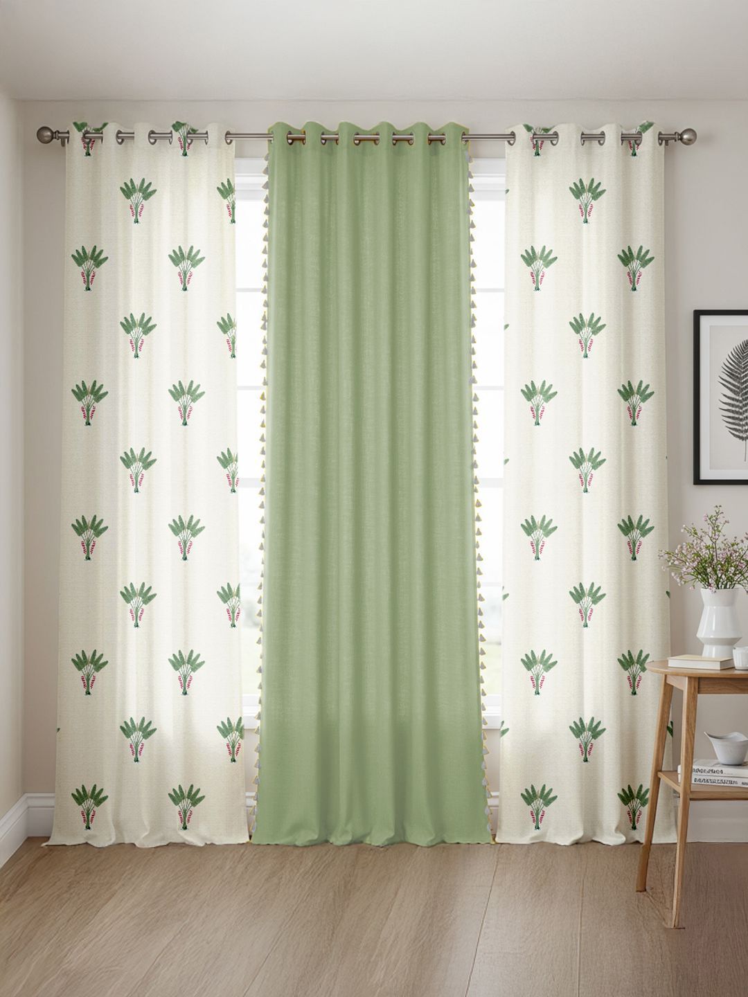 URBAN SPACE Green & White Set of 3 Floral Long Door Curtain-picture-41