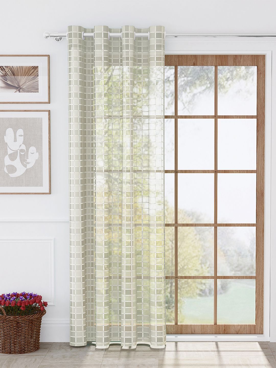 Story@home Off White & Silver-Toned Geometric Sheer Door Curtain-image-36