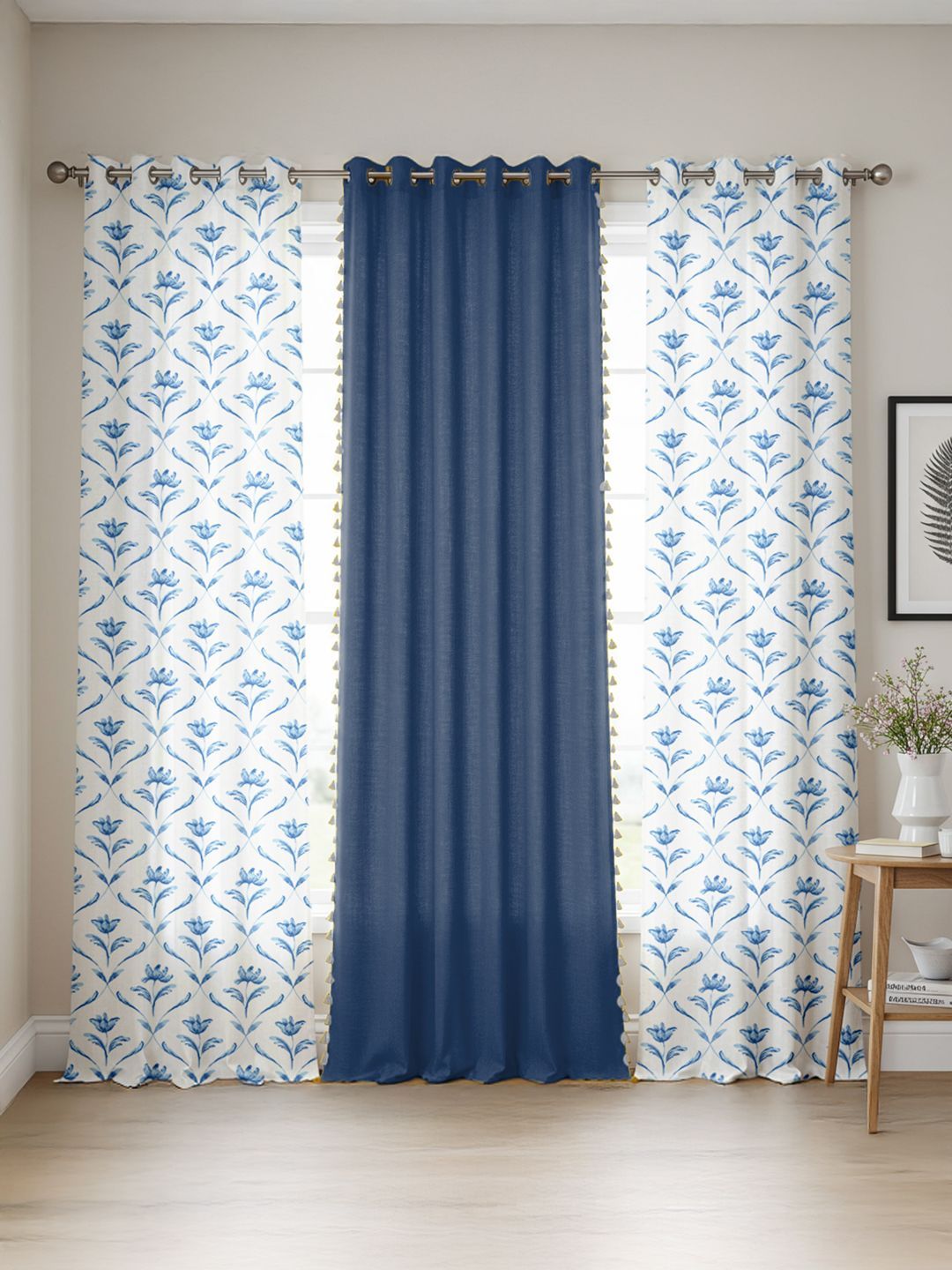 URBAN SPACE Blue & White Set of 3 Floral Window Curtain-picture-26