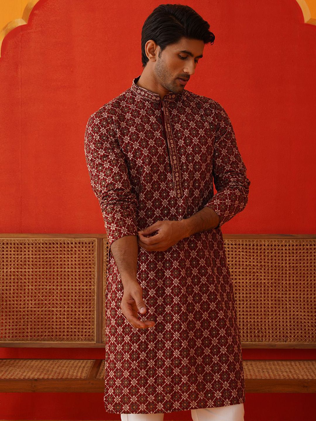 Jompers Men Geometric Embroidered Sequinned Kurta-picture-17