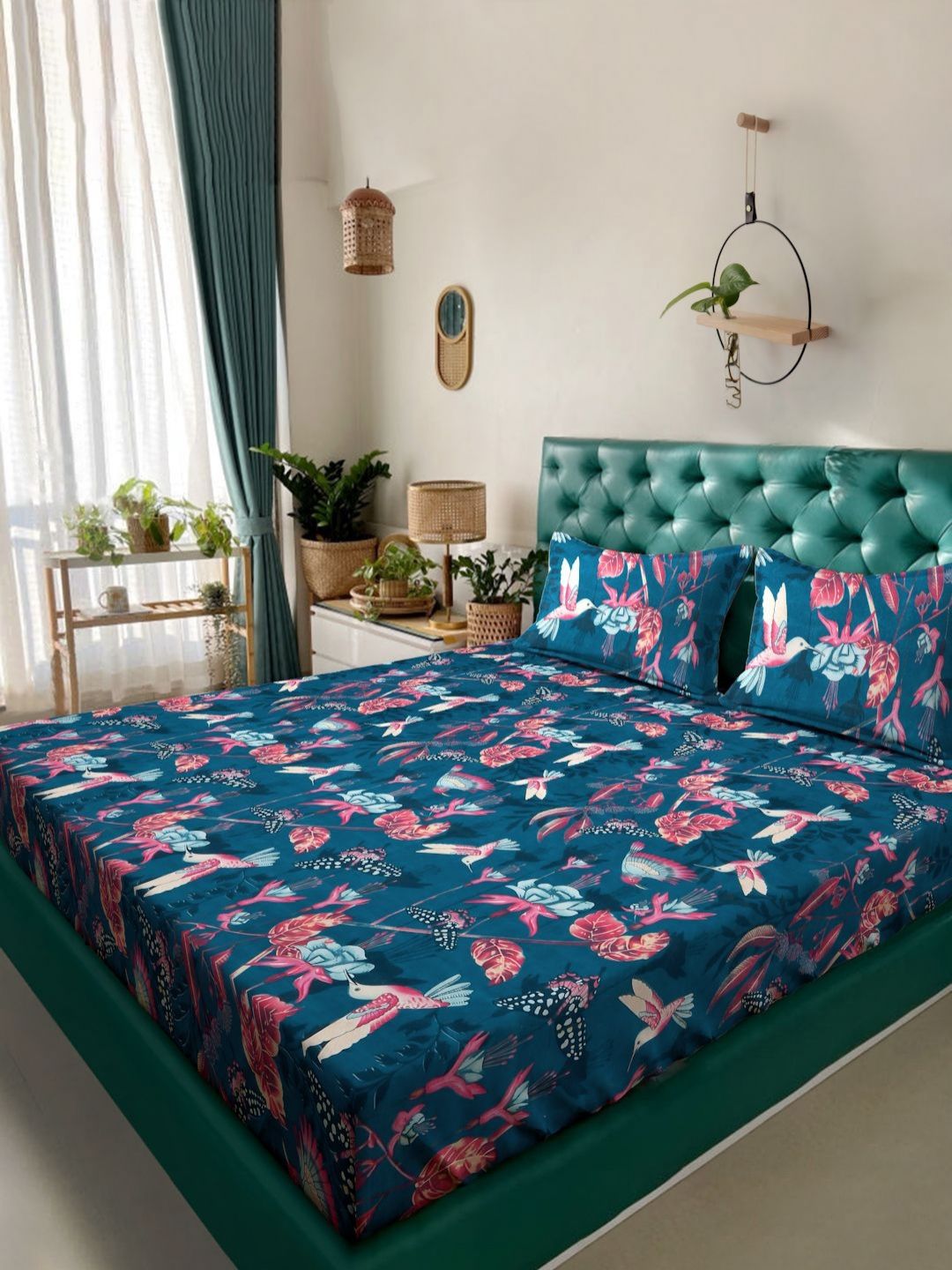 Arrabi Blue & Pink Floral 300 TC King Bedsheet with 2 Pillow Covers-picture-37