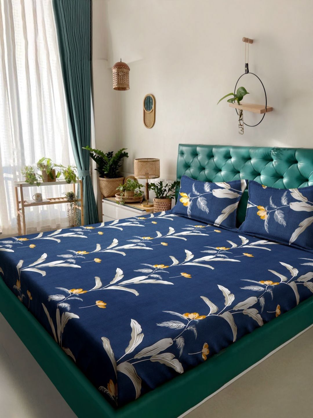 Arrabi Blue & Grey Floral 300 TC King Bedsheet with 2 Pillow Covers-picture-39