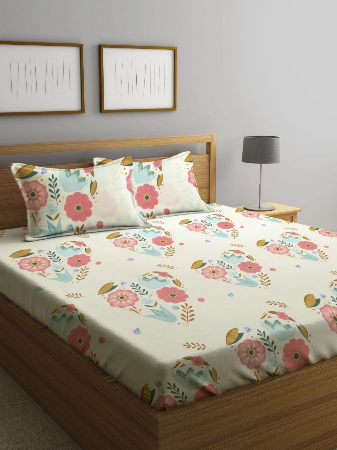 Myntra Elegant Homes Cream-Coloured Floral 300 TC Fitted King Bedsheet Set 2.50 m x 2.20 m-picture-27