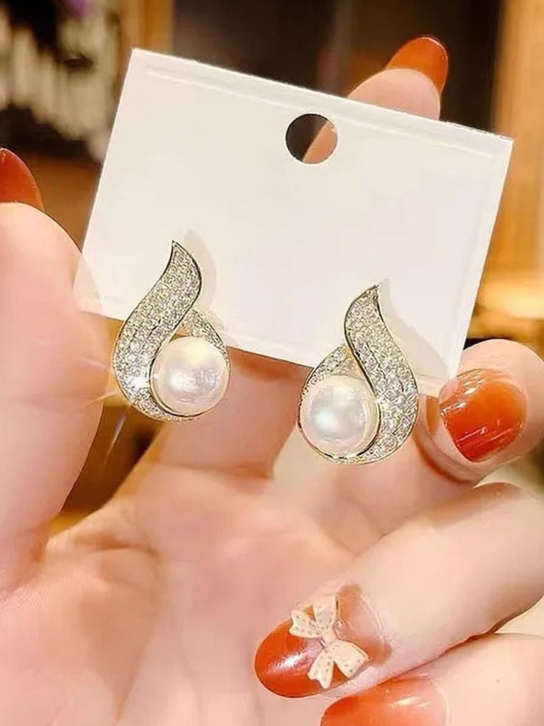 SZN Korean Artificial Stones & Pearls Studded Teardrop Shaped Studs-picture-40