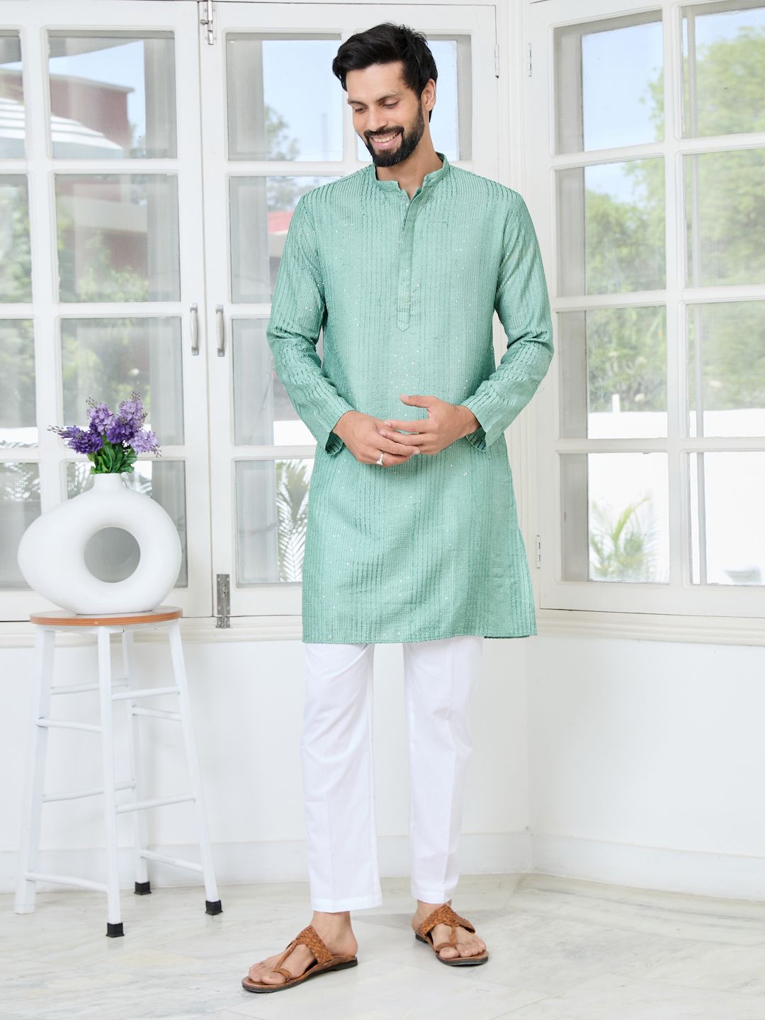 See Designs Striped Embroidered Mandarin Collar Sequinned Chanderi Silk Kurta-picture-35