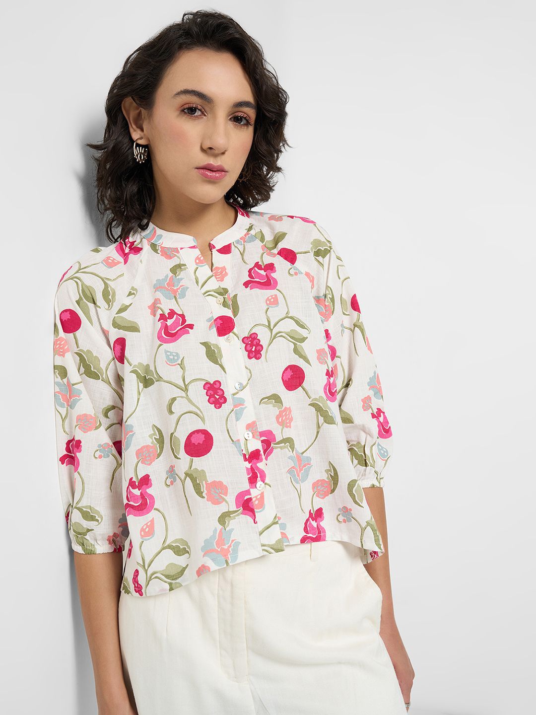 AKKRITI BY PANTALOONS Floral Print Mandarin Collar Cotton Top-picture-29