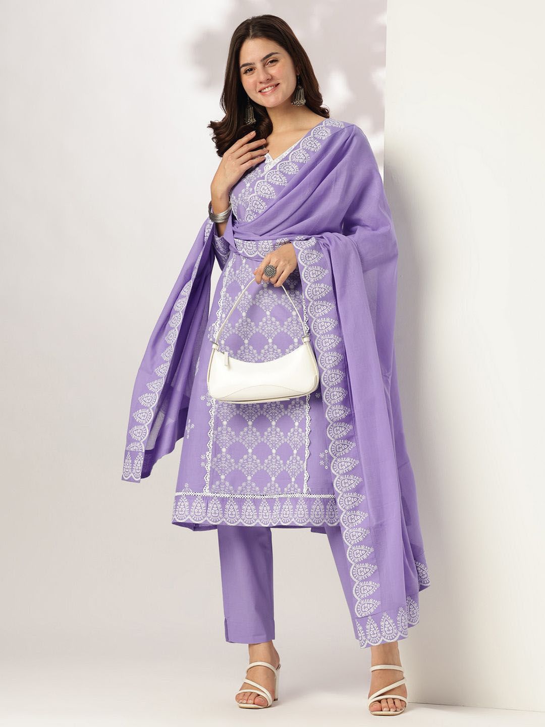 Janasya Women Lavender Pure Cotton Ethnic Motifs Printed A-line Kurta Set-picture-25