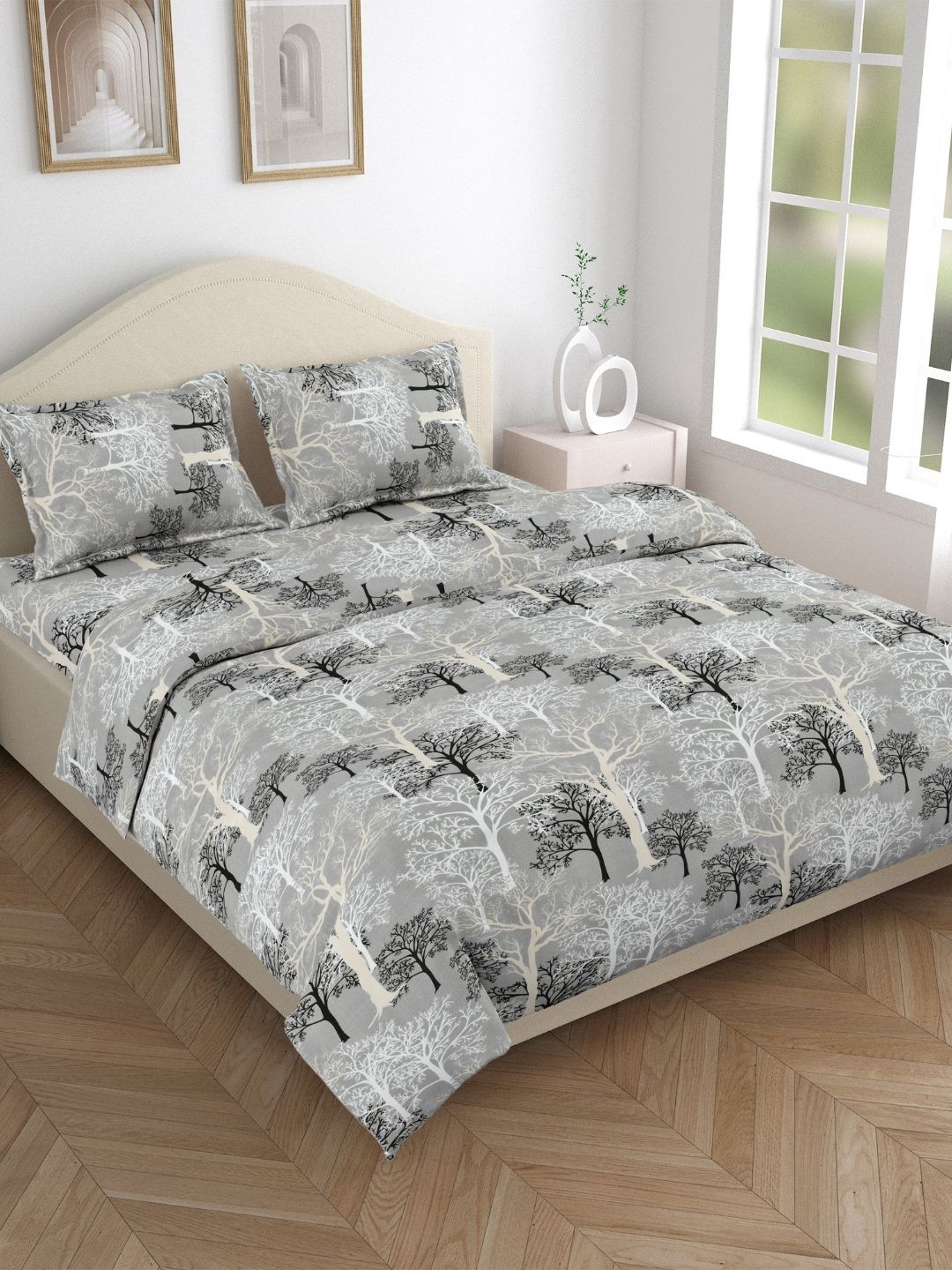 haus & kinder Grey & White Printed 144 TC Cotton King Bedsheet Set 2.75 m x 2.75 m-image-49