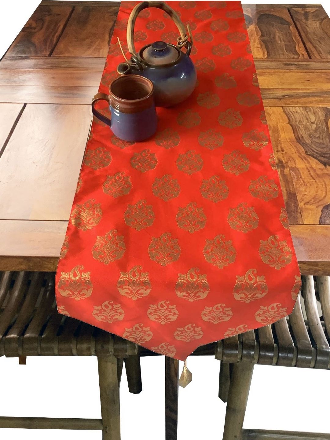 Pink Parrot Red & Yellow Woven Designed Tasseled TableRunner-picture-29