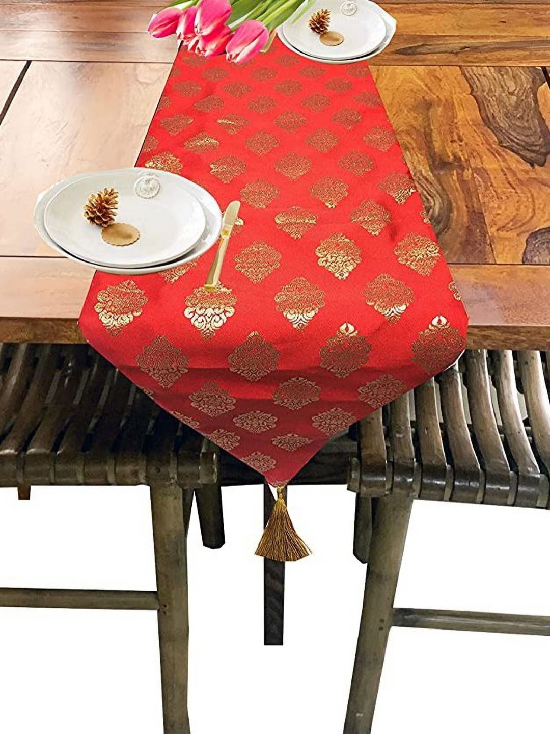 Pink Parrot Red & Yellow Woven Designed Tasseled TableRunner-picture-28