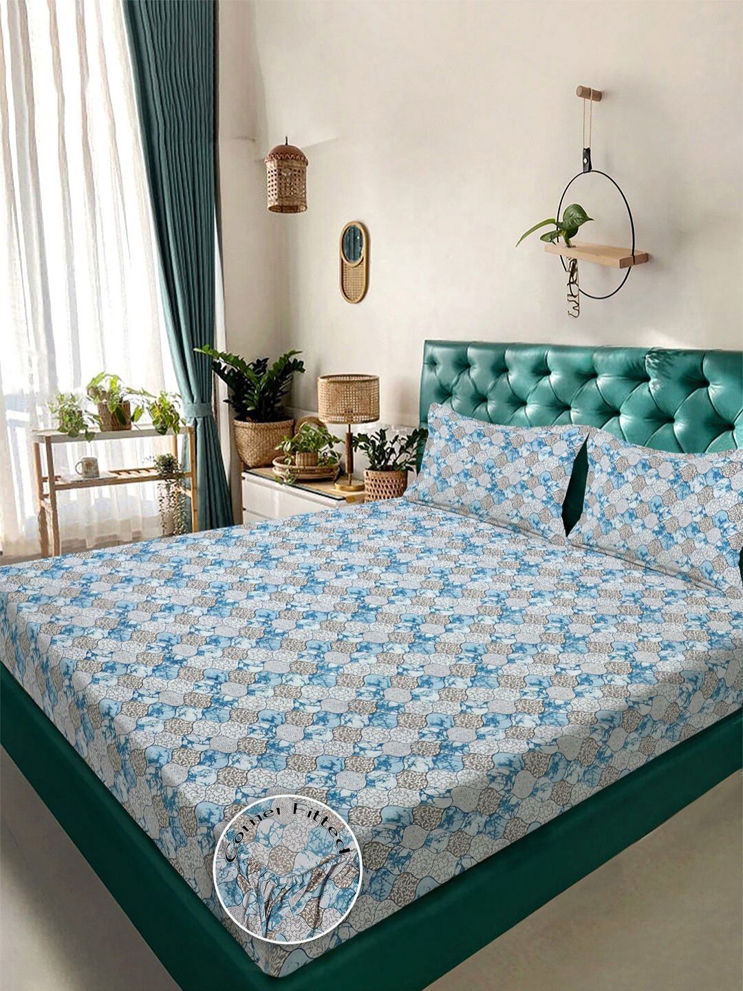 KLOTTHE Green & Beige Printed 300 TC King Bedsheet With 2 Pillow Covers - 2.50 x 2.25 m-picture-17