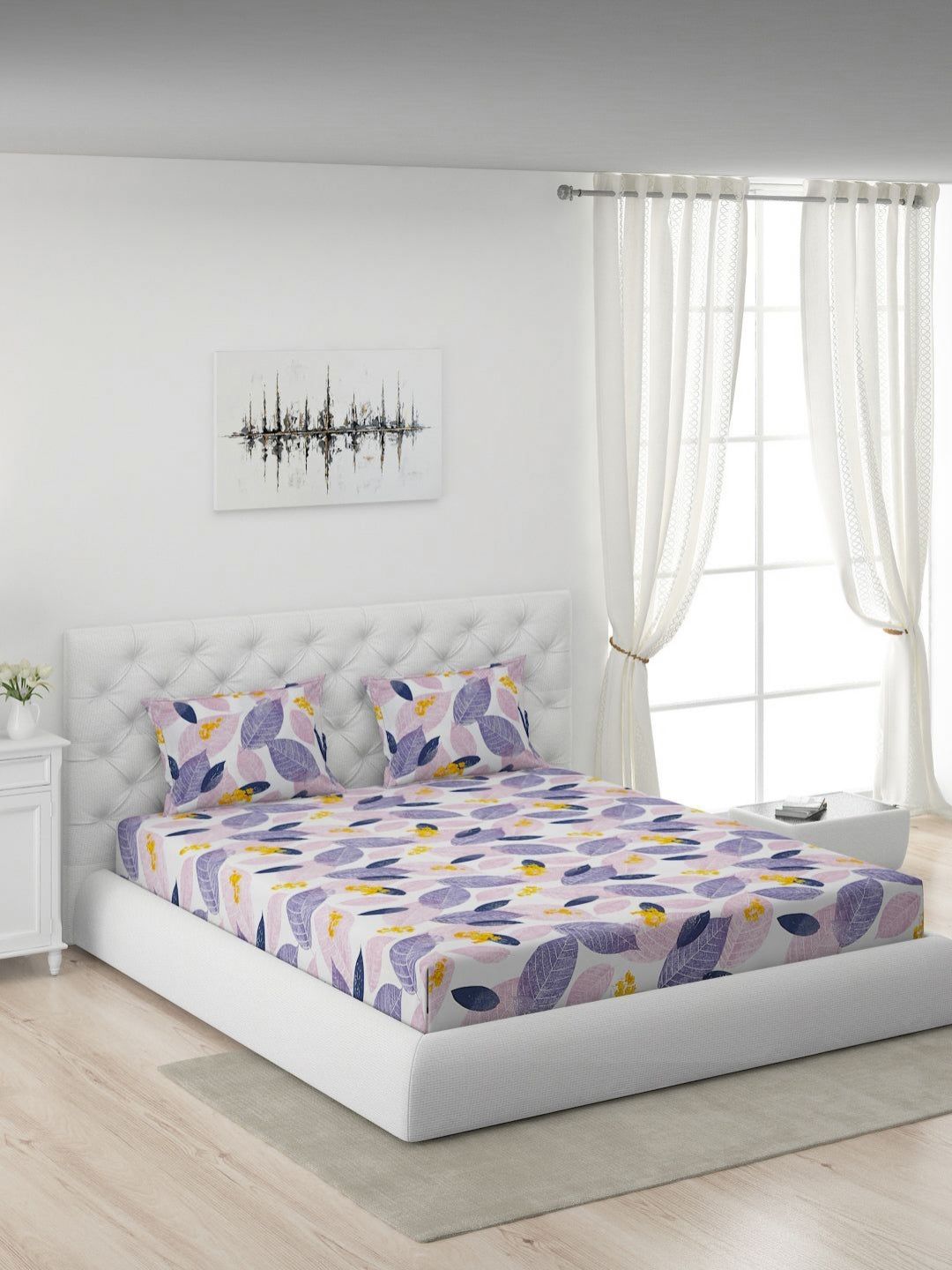 Moca By Monte Carlo White & Purple Floral 120 TC King Bedsheet with 2 Pillow Covers-picture-13