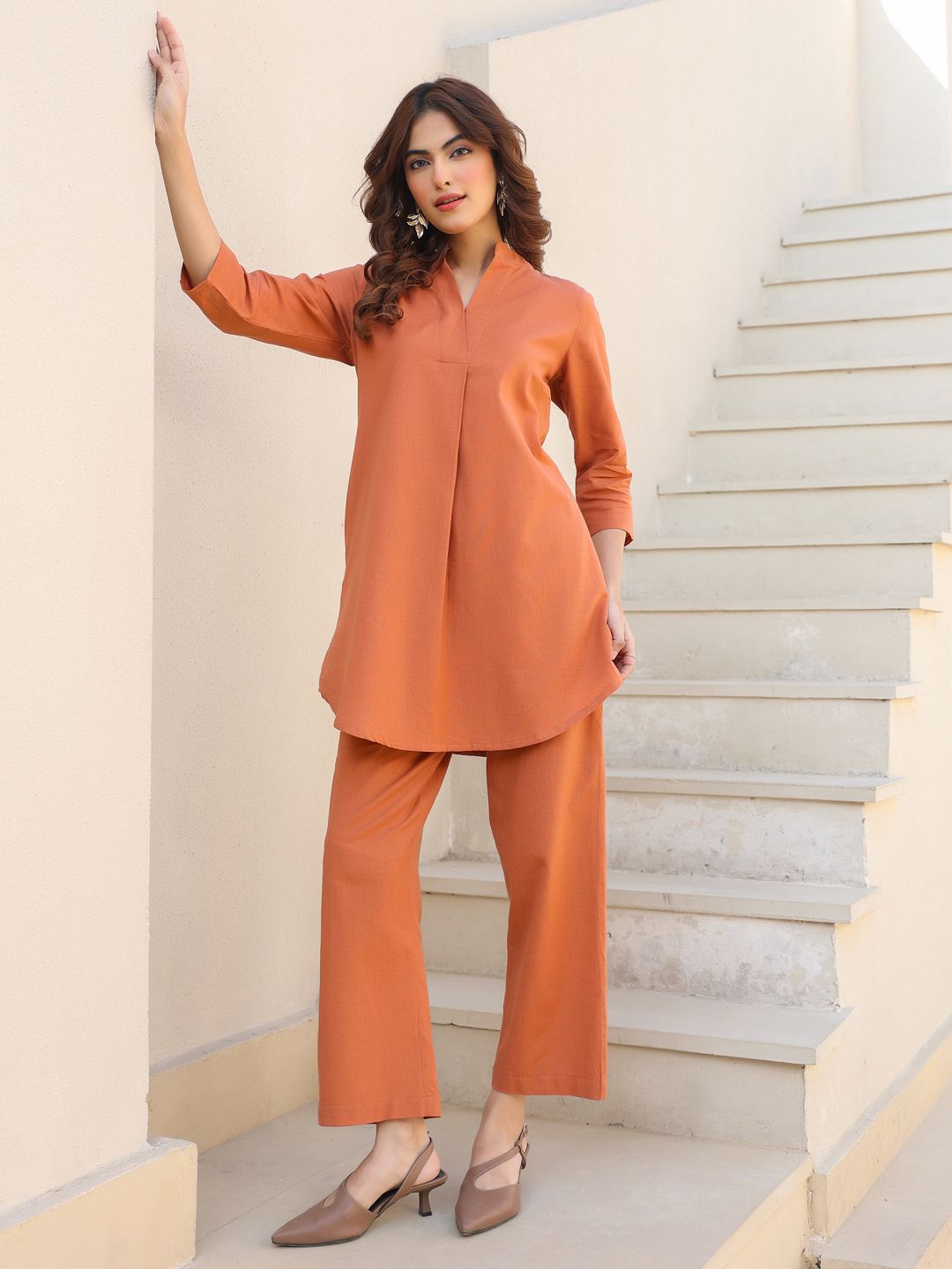 Janasya Women's Rust Cotton Solid A-line Co-Ord Set-picture-19