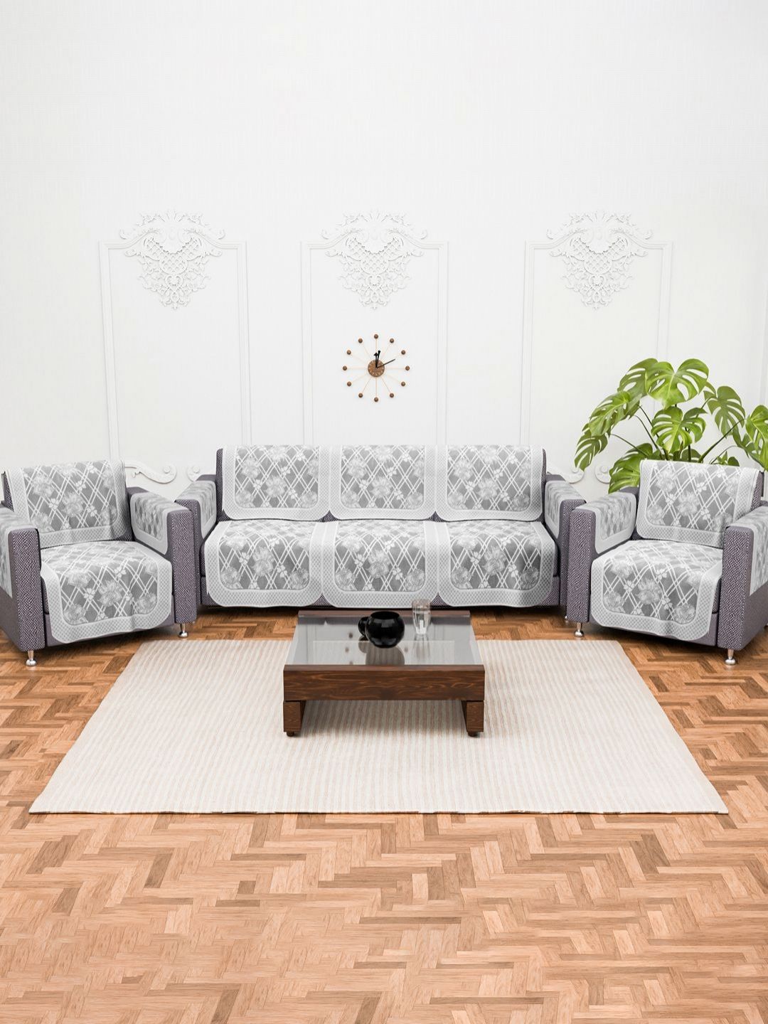 Myntra Elegant Homes Grey & White Cotton Sofa Cover With Arms-picture-35