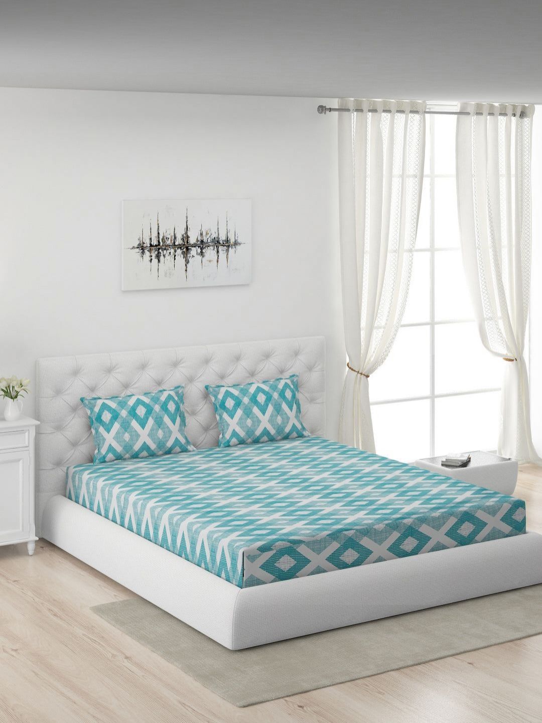 Moca By Monte Carlo Sea Green & White Floral 120 TC King Bedsheet with 2 Pillow Covers-picture-38