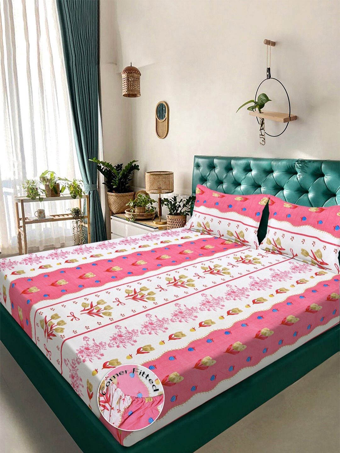 KLOTTHE White & Pink Printed 300 TC King Bedsheet With 2 Pillow Covers - 2.50 x 2.25 m-picture-18