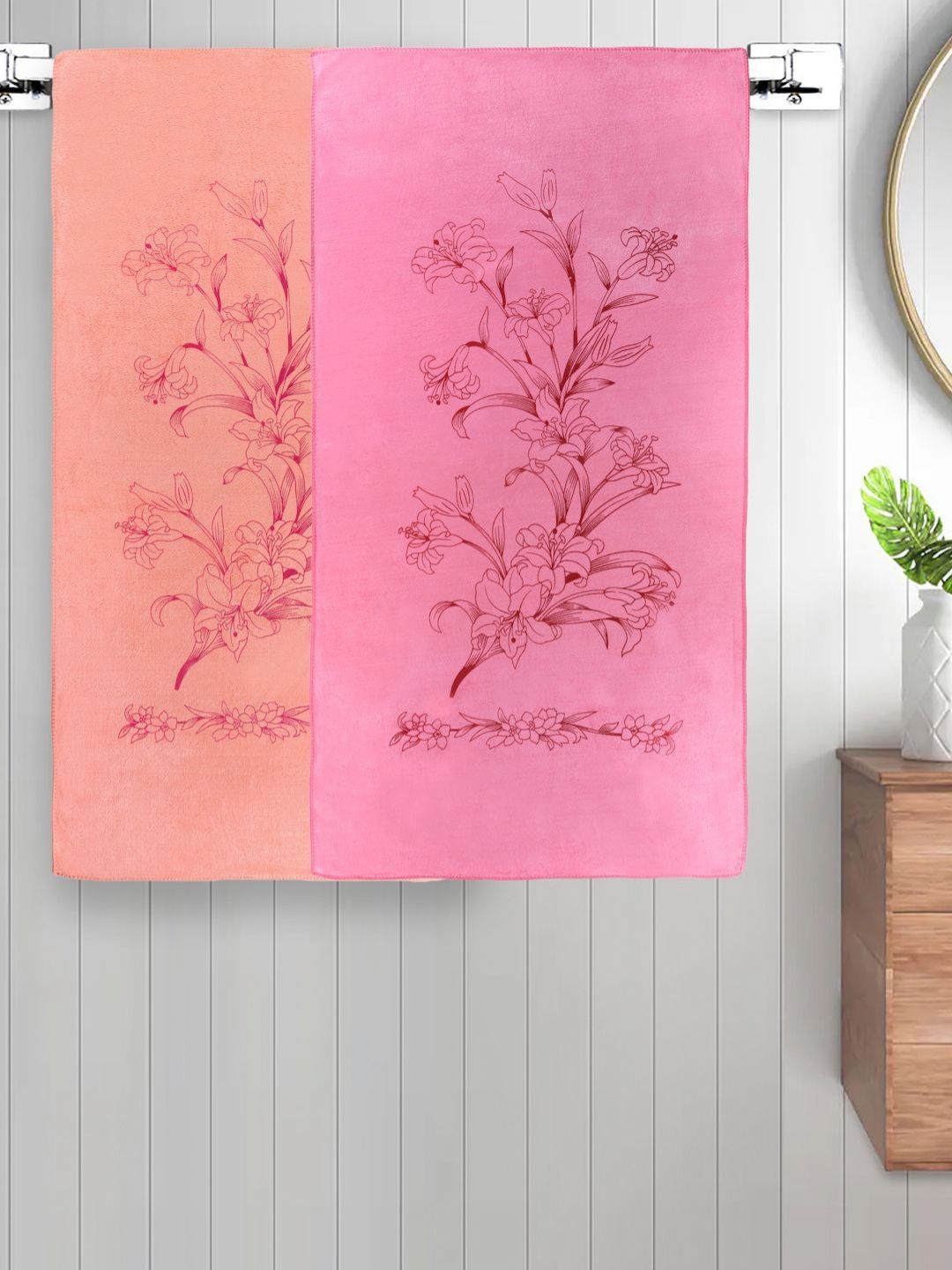 Myntra Elegant Homes Pink & Peach-Coloured 2 Printed Cotton 300 GSM Bath Towel-image-30