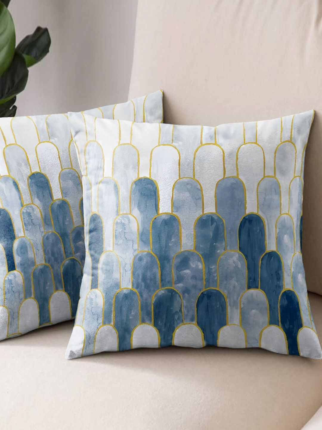 Aura Blue & Gold-Toned Set of 2 Abstract Square Cushion Covers-picture-51