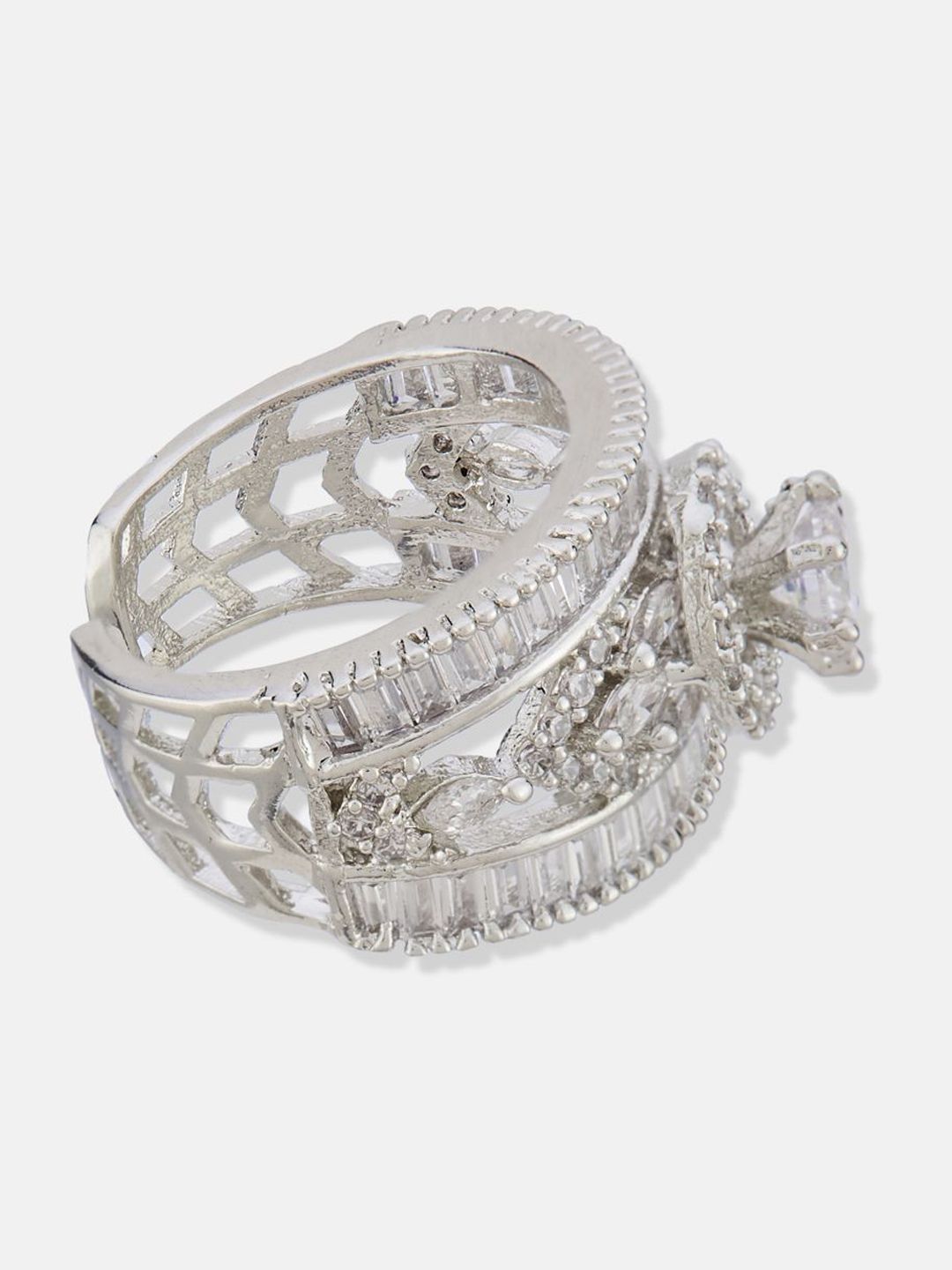 ATIBELLE Set Of 2 Silver-Plated Cubic Zirconia-Studded Adjustable Finger Ring