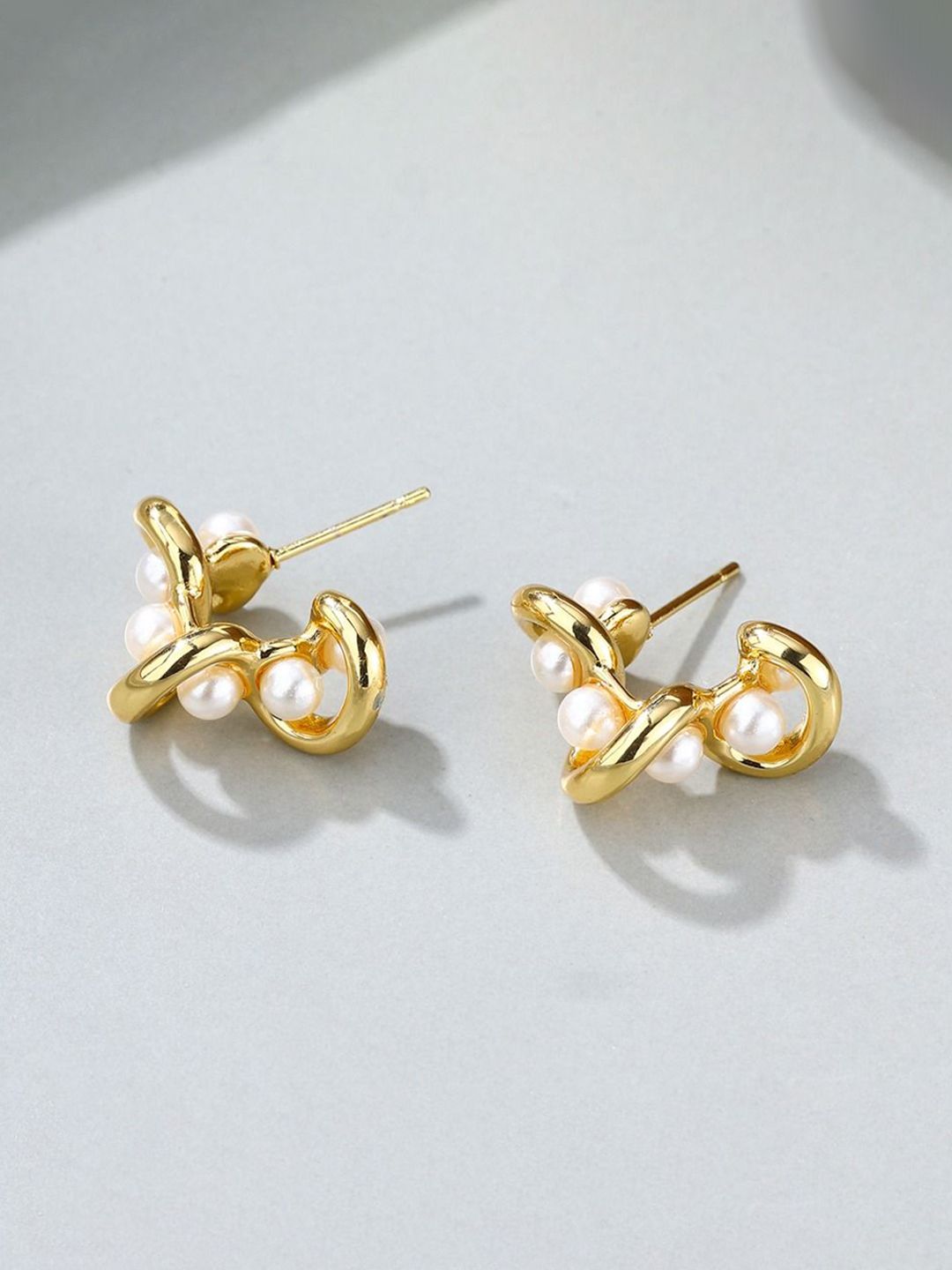 VIEN Stainless Steel 18K Gold-Plated Pearls Beaded Contemporary Hoop Earrings-picture-36