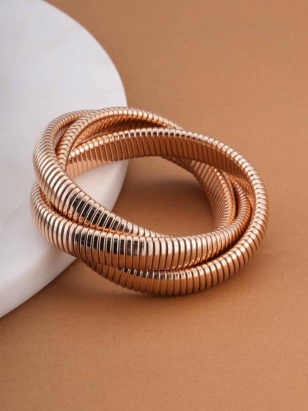 PALMONAS Women Rose Gold-Plated Waterproof & Anti-Tarnish Trio Snake Elasticated Bracelet